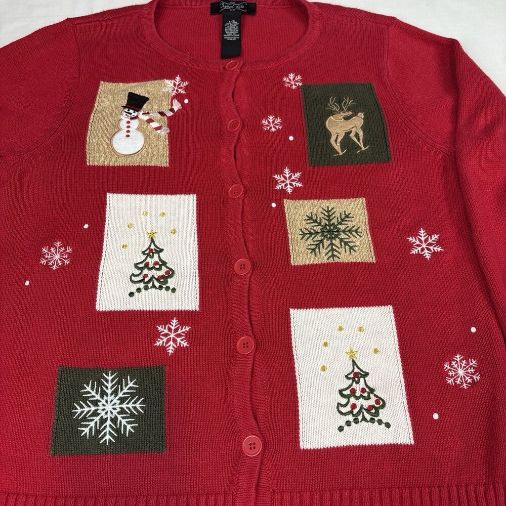 Crystal-Kobe Women's Red Holiday Festive Snowman Button Cardigan Sweater‎ Size L - Picture 3 of 5